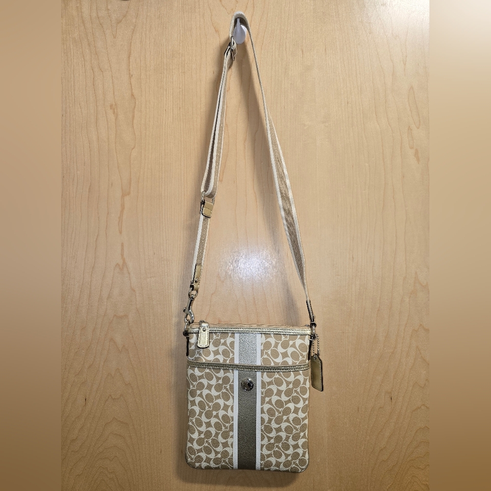 COACH Khaki and Gold Swingpack Crossbody Bag Coated Canvas Signature Stripe - Picture 2 of 16